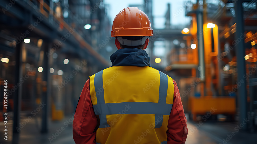 A worker wearing a safety vest and hard hat walks through a large industrial facility. A worker wearing a safety vest and hard hat walks through a large industrial facility.