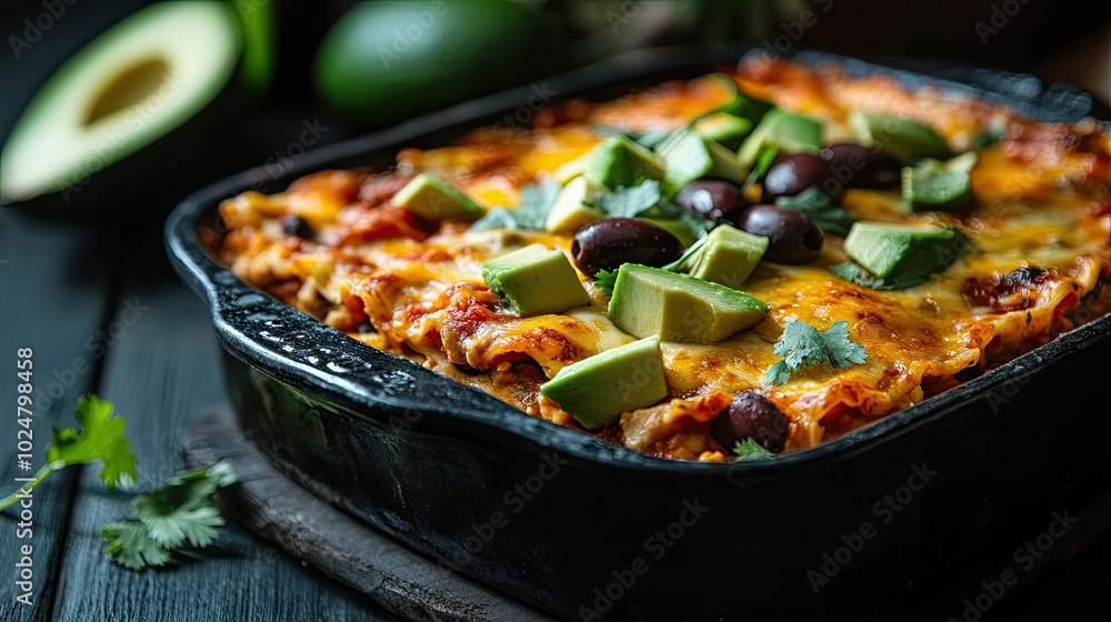 A hearty chicken and bean lasagna, gluten-free and topped with olives, avocado, and fresh coriander, baked in a black dish, placed on a dark wooden table for a rustic, healthy vibe. A hearty chicken and bean lasagna, gluten-free and topped with olives, avocado, and fresh coriander, baked in a black dish, placed on a dark wooden table for a rustic, healthy vibe.