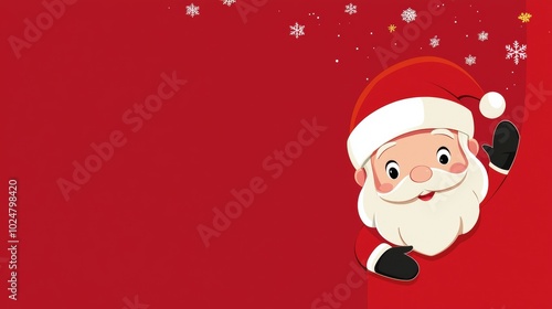 Cheerful cartoon santa claus waving happily in a festive christmas illustration with snowflakes falling on a red background, perfect for holiday designs