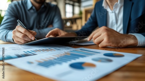 This image highlights two individuals meticulously discussing financial data and using a tablet, set against a modern office backdrop, portraying teamwork and strategy in business analysis.