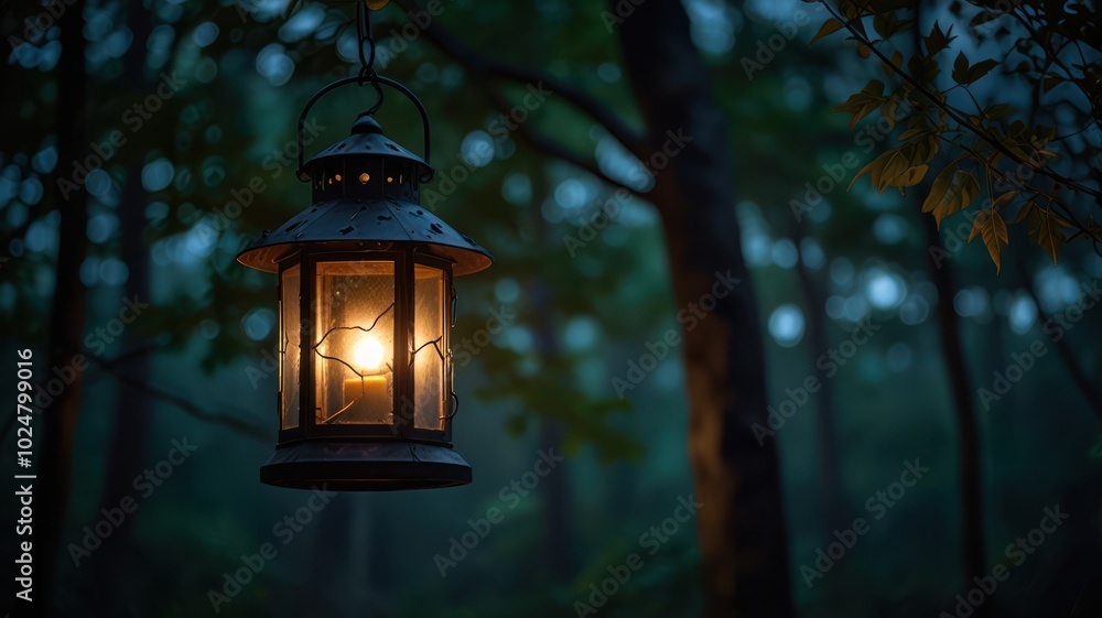 A lantern hangs from a tree branch in a forest, glowing softly against a backdrop of blurred greenery and bokeh lights. A lantern hangs from a tree branch in a forest, glowing softly against a backdrop of blurred greenery and bokeh lights.