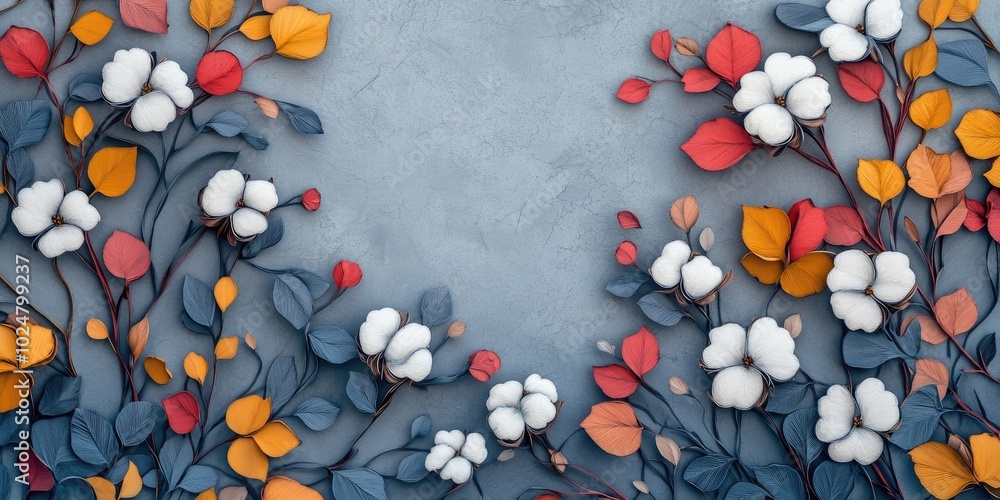 Cotton flowers arranged on a textured gray surface Flat lay perspective, Cotton flowers on textured gray background flat lay Cotton flowers arranged on a textured gray surface Flat lay perspective, Cotton flowers on textured gray background flat lay