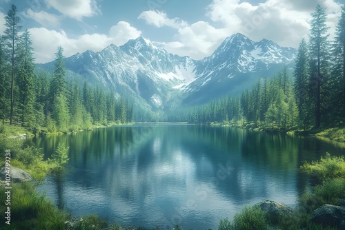 Tranquil mountain lake with a serene and peaceful atmosphere, surrounded by lush green trees and majestic snow-capped peaks.