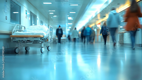 Blurry hospital corridor with a bed and people walking by.