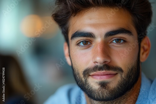 A close-up shot of a young man with strong facial features and deep brown eyes, staring intensely ahead with a confident expression, signifying focus and determination.