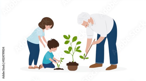 Elderly Couple Gardening with Grandchildren Together