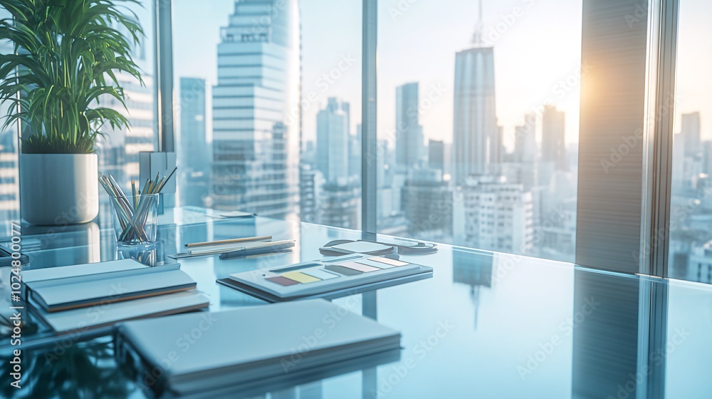 Naklejka premium Modern office desk with a city skyline view.