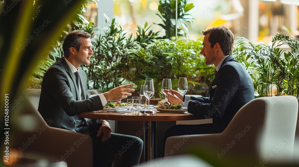 Two Businesspeople in a formal; sitting seep in discussion on lunch Two Businesspeople in a formal; sitting seep in discussion on lunch