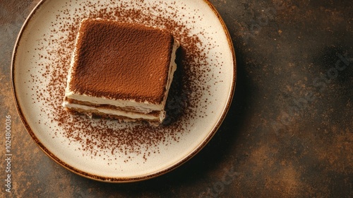 A mouthwatering top view of Tiramisu, featuring its luscious layers of mascarpone and cocoa, presented on a pristine plate that enhances the dessert's rich textures and colors