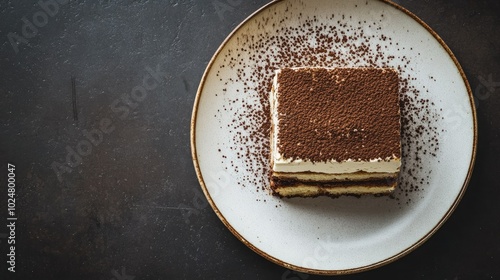 A mouthwatering top view of Tiramisu, featuring its luscious layers of mascarpone and cocoa, presented on a pristine plate that enhances the dessert's rich textures and colors
