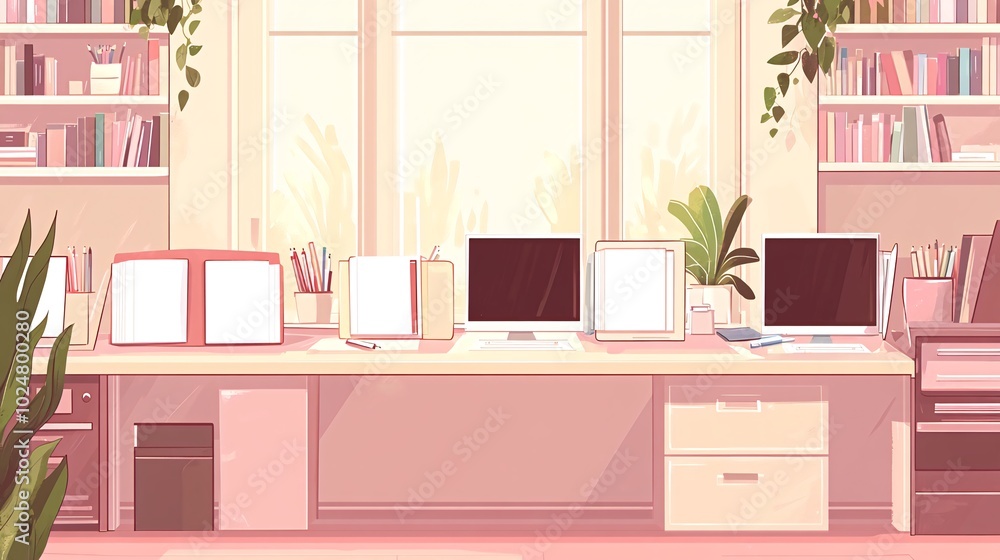 Modern office interior with two desks, computers, bookshelves, and plants. Modern office interior with two desks, computers, bookshelves, and plants.