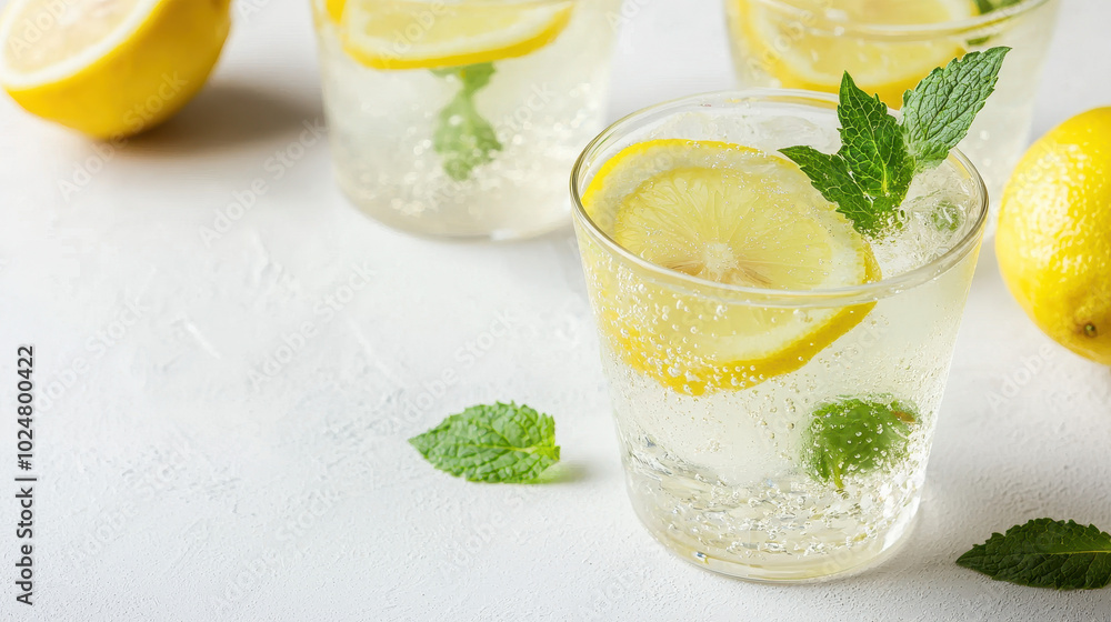 Refreshing lemonade drink with mint leaves and lemon slices served in a clear glass on a light background Refreshing lemonade drink with mint leaves and lemon slices served in a clear glass on a light background