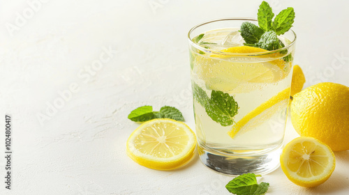 Refreshing lemonade drink with fresh mint leaves and lemon slices in a clear glass on a white background