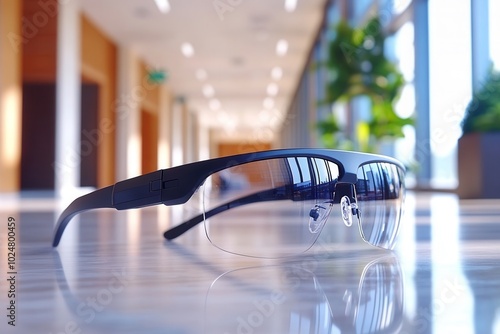 A pair of modern sunglasses sits elegantly on a glossy surface in a bright office hallway. Sunlight filters through large windows, highlighting the sleek design of the eyewear and creating a sophistic photo