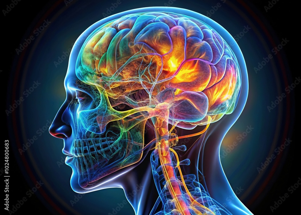 3D X-ray Brain Profile View with Nervous System Anatomy for Medical and Neuroscience Visualization 3D X-ray Brain Profile View with Nervous System Anatomy for Medical and Neuroscience Visualization