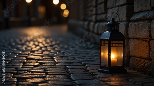 Fototapeta Naklejka Na Ścianę i Meble -  A single lantern illuminates a cobblestone street at night, casting a warm glow on the ancient stonework.  The soft light creates a sense of mystery and intrigue.