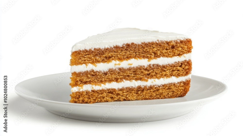 A refined shot of a traditional Medovik honey cake slice, square and layered with sour cream, presented on a white restaurant plate, isolated against a plain white background. A refined shot of a traditional Medovik honey cake slice, square and layered with sour cream, presented on a white restaurant plate, isolated against a plain white background.