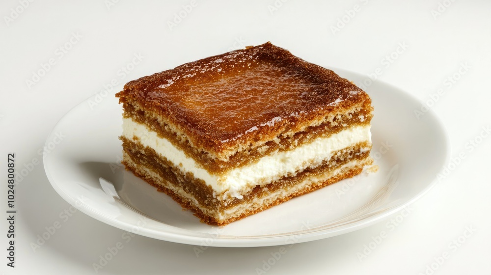 A refined shot of a traditional Medovik honey cake slice, square and layered with sour cream, presented on a white restaurant plate, isolated against a plain white background. A refined shot of a traditional Medovik honey cake slice, square and layered with sour cream, presented on a white restaurant plate, isolated against a plain white background.