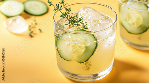 Refreshing cucumber drink with thyme, served over ice in a clear glass on a vibrant yellow background