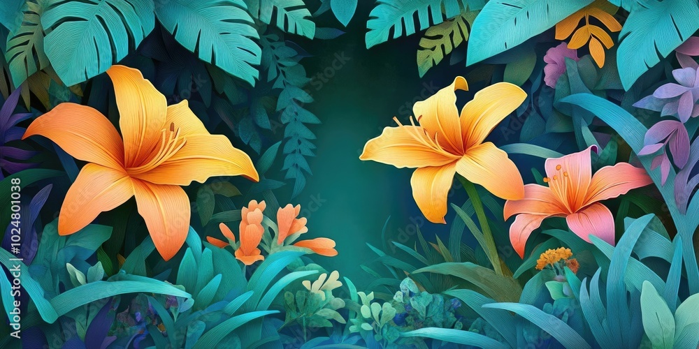 Vibrant daylily blossoms in a lush garden setting, Bright daylily flowers in a green garden scene Vibrant daylily blossoms in a lush garden setting, Bright daylily flowers in a green garden scene