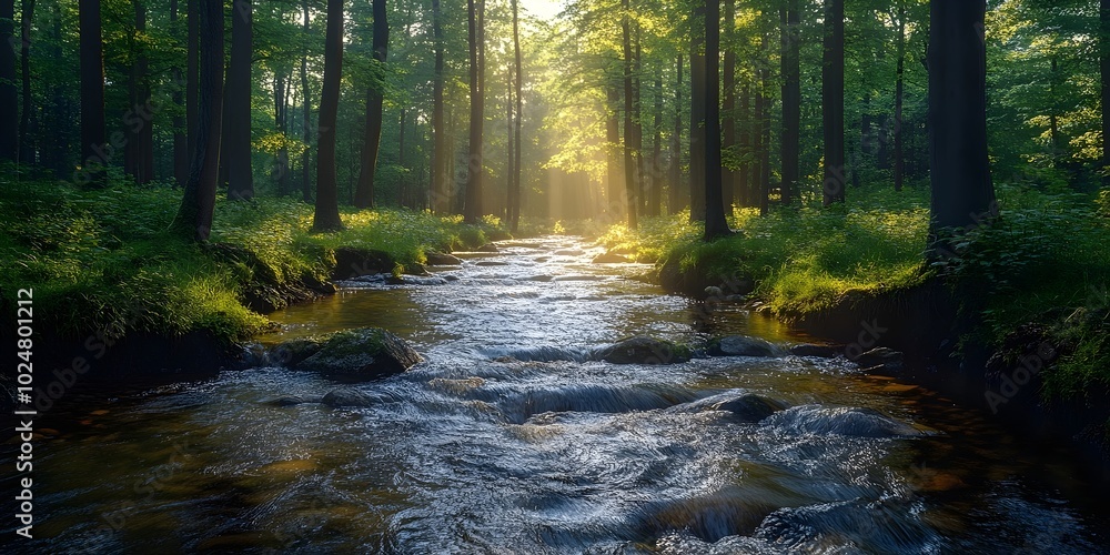 Obraz premium Sunlight streams through a dense forest, illuminating a clear stream that flows through the green landscape.
