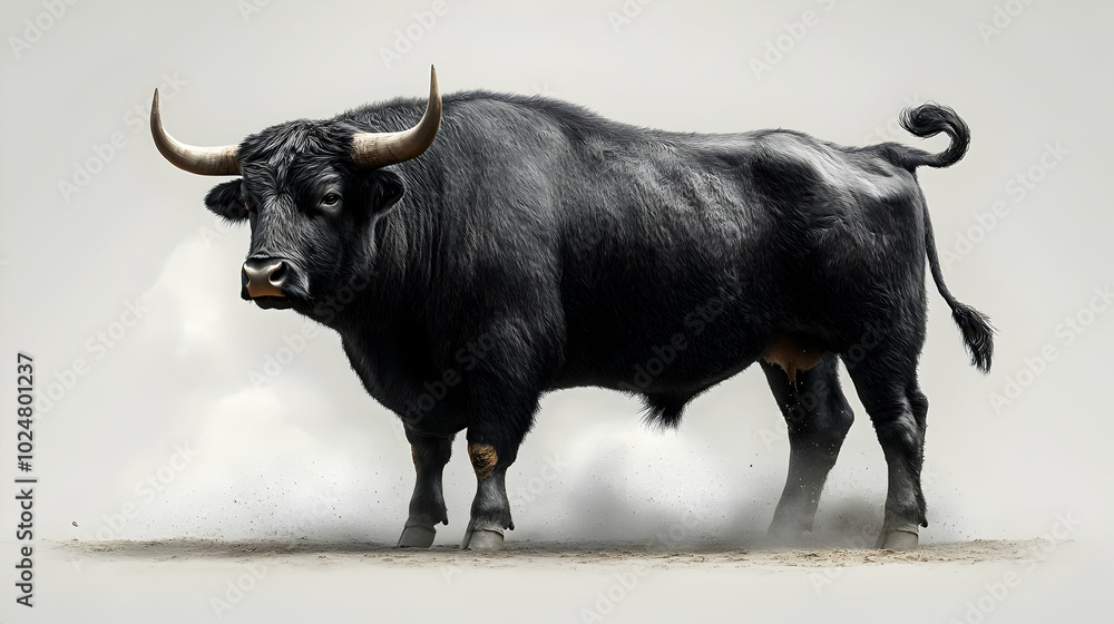 A majestic black bull standing on a dusty surface. A majestic black bull standing on a dusty surface.