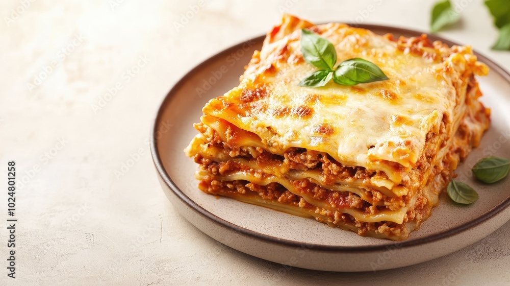 A rustic lasagna dish, topped with golden cheese, served on a plate and placed on the side of the frame, with plenty of empty copy space on a light background for text or logo. A rustic lasagna dish, topped with golden cheese, served on a plate and placed on the side of the frame, with plenty of empty copy space on a light background for text or logo.