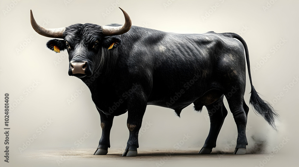 Naklejka premium A powerful black bull standing confidently on a light background.