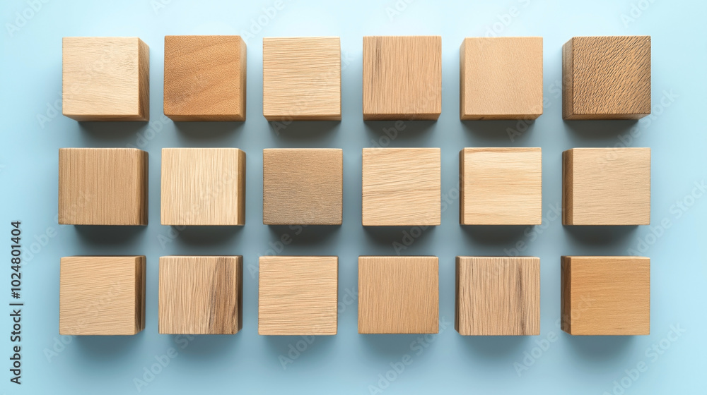A grid of sixteen wooden cubes with various grain patterns on a light blue background, showcasing a natural texture and geometric arrangement. A grid of sixteen wooden cubes with various grain patterns on a light blue background, showcasing a natural texture and geometric arrangement.