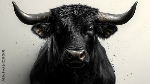 A close-up of a powerful black bull with prominent horns.
