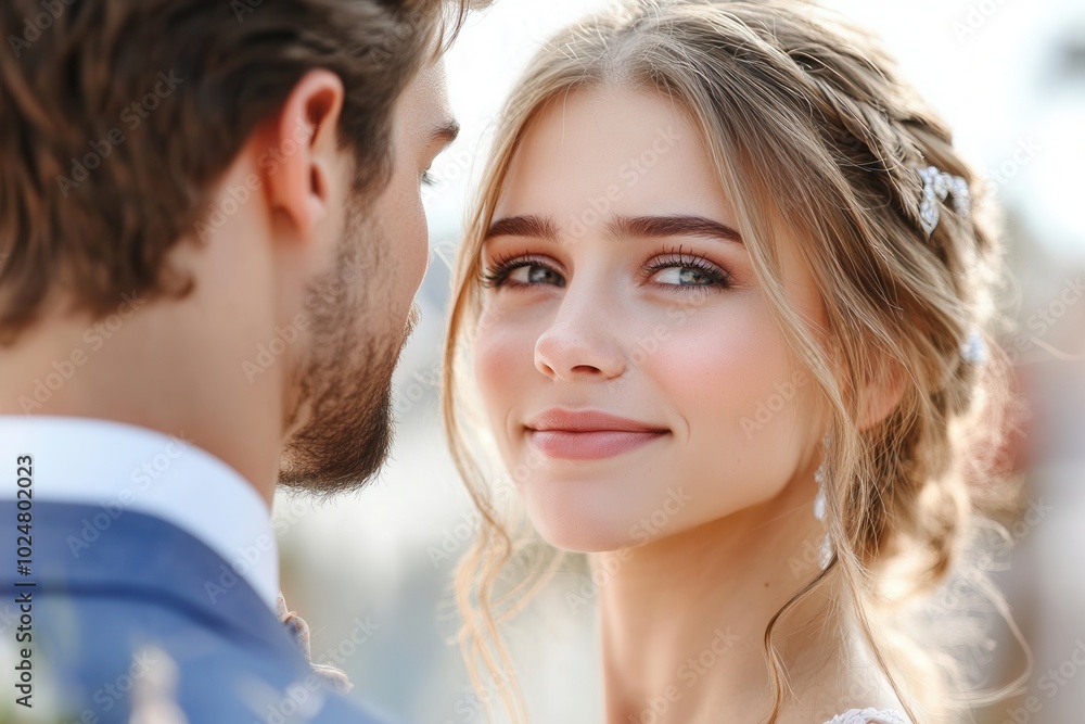 A touching wedding scene where a bride shares a gentle smile with her groom, subtly illuminated by daylight, showcasing love and unity in a harmonic composition. A touching wedding scene where a bride shares a gentle smile with her groom, subtly illuminated by daylight, showcasing love and unity in a harmonic composition.