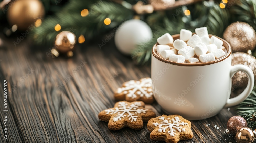 Cozy cocoa with marshmallows and cookies by a festive Christmas setting adorned with garlands and ornaments Cozy cocoa with marshmallows and cookies by a festive Christmas setting adorned with garlands and ornaments