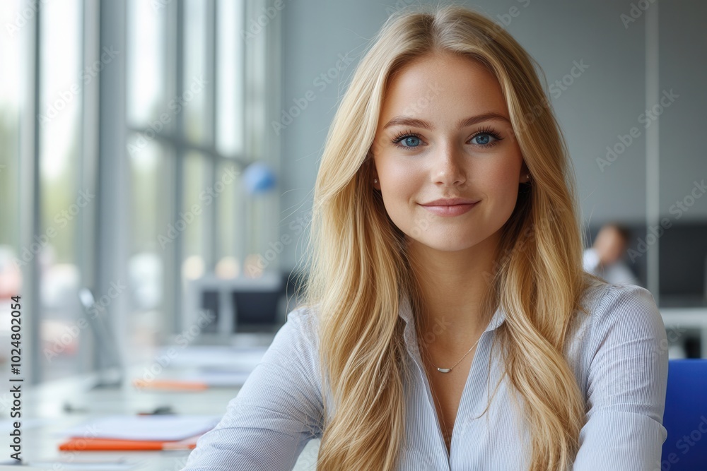 A confident and friendly woman with long blonde hair is seated in a sunlit office, smiling warmly, creating an atmosphere of professionalism and welcome in a modern setting. A confident and friendly woman with long blonde hair is seated in a sunlit office, smiling warmly, creating an atmosphere of professionalism and welcome in a modern setting.