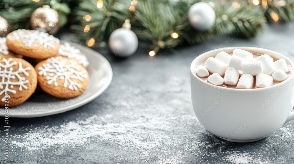 Cozy winter setting with hot chocolate topped with marshmallows and festive cookies on a decorated table with holiday decorations Cozy winter setting with hot chocolate topped with marshmallows and festive cookies on a decorated table with holiday decorations