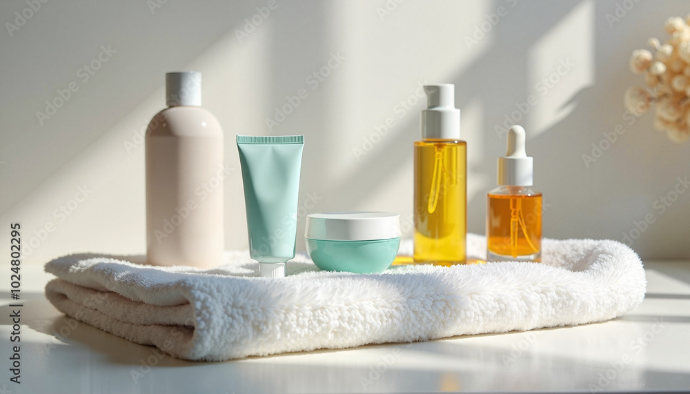Skincare products on white towel in sunlight Skincare products on white towel in sunlight