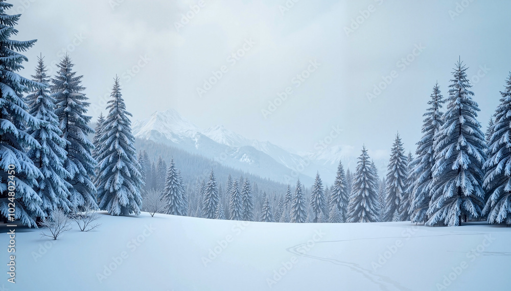 Fototapeta premium Snowy pine forest with mountains in winter landscape