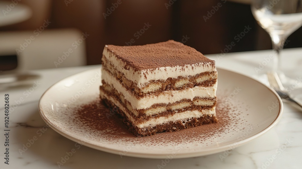 A sophisticated Tiramisu cake slice served on a white plate, with visible layers of cream and coffee sponge, elegantly topped with a dusting of cocoa powder, perfect for fine dining. A sophisticated Tiramisu cake slice served on a white plate, with visible layers of cream and coffee sponge, elegantly topped with a dusting of cocoa powder, perfect for fine dining.