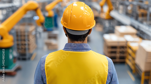 A worker in a yellow safety vest and hard hat stands in a modern warehouse, observing advanced robotic arms and stacked goods. A clear view of an organized industrial environment.