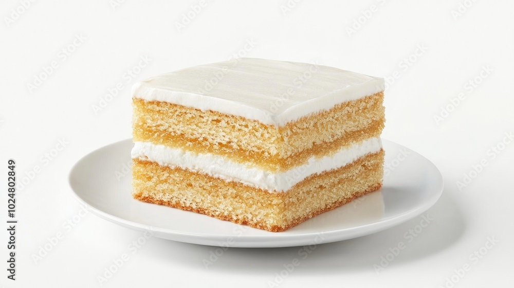 A square slice of Medovik, the classic Russian honey cake, layered with sour cream, elegantly displayed on a white plate, isolated against a white background for a minimalist aesthetic. A square slice of Medovik, the classic Russian honey cake, layered with sour cream, elegantly displayed on a white plate, isolated against a white background for a minimalist aesthetic.