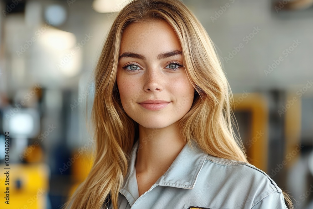 A young woman with flowing hair smiles warmly, standing confidently in work attire. The industrial background accentuates her professionalism and amiable demeanor, in soft luminous light. A young woman with flowing hair smiles warmly, standing confidently in work attire. The industrial background accentuates her professionalism and amiable demeanor, in soft luminous light.