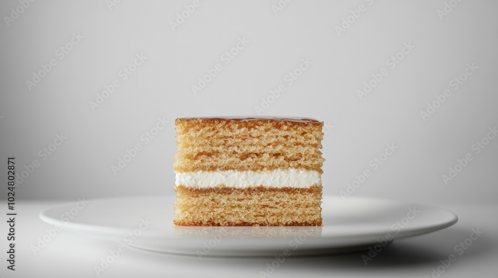 A square slice of Medovik, the classic Russian honey cake, layered with sour cream, elegantly displayed on a white plate, isolated against a white background for a minimalist aesthetic. A square slice of Medovik, the classic Russian honey cake, layered with sour cream, elegantly displayed on a white plate, isolated against a white background for a minimalist aesthetic.