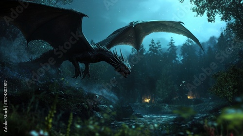 A large black dragon flies over a forest stream at night, its wings spread wide and its claws extended.