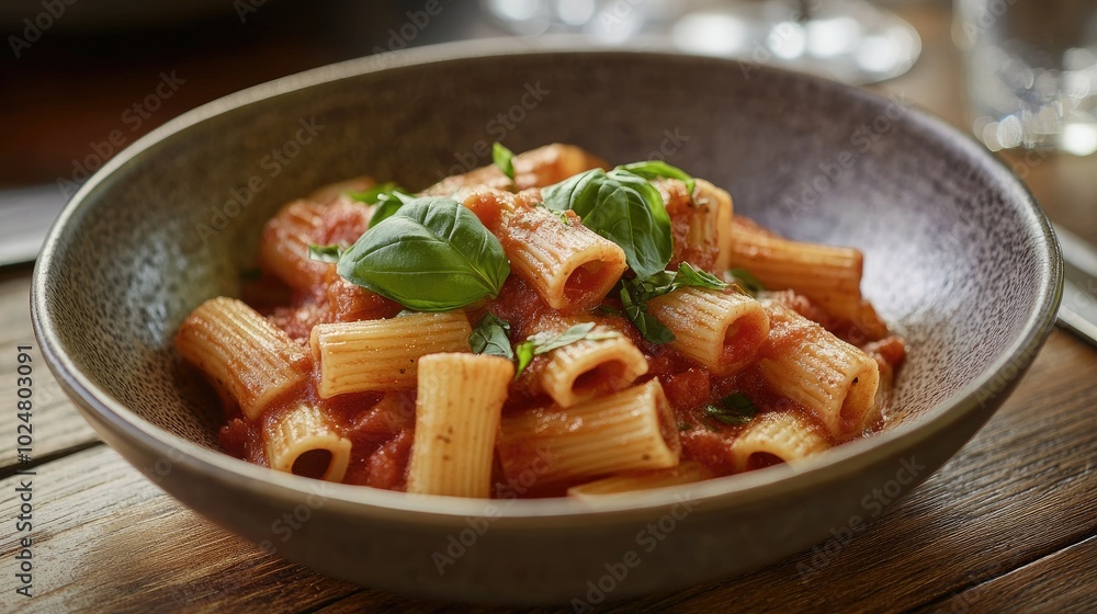 A striking image of a pasta dish featuring rigatoni with a rich tomato sauce and fresh basil, served in a rustic bowl on a wooden table, capturing the essence of Italian cuisine A striking image of a pasta dish featuring rigatoni with a rich tomato sauce and fresh basil, served in a rustic bowl on a wooden table, capturing the essence of Italian cuisine