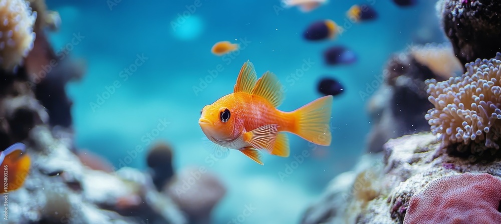 Obraz premium Vibrant Orange Lyretail Anthias Fish Swimming in Coral Reef Aquarium, Tropical Underwater Scene