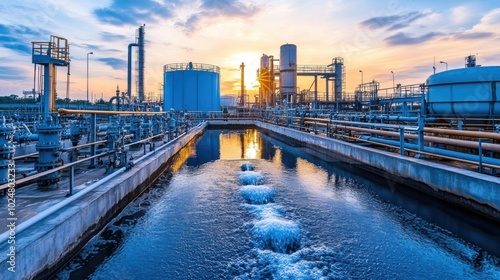 Wallpaper Mural A complex transmission and distribution system at a modern water plant, featuring interconnected pipelines and large storage tanks under a bright sky Torontodigital.ca