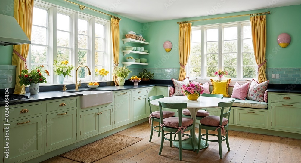 Bright and airy kitchen with large windows pastel colors and a breakfast nook filled with cushions Bright and airy kitchen with large windows pastel colors and a breakfast nook filled with cushions