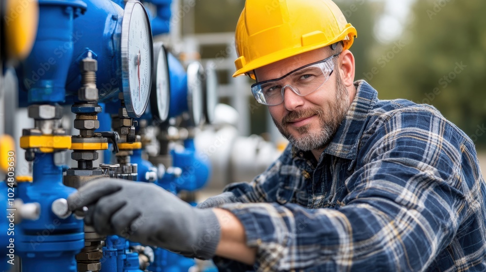 Industrial Technician Adjusting Pressure Gauges in a Factory Setting for Maintenance and System Efficiency Industrial Technician Adjusting Pressure Gauges in a Factory Setting for Maintenance and System Efficiency