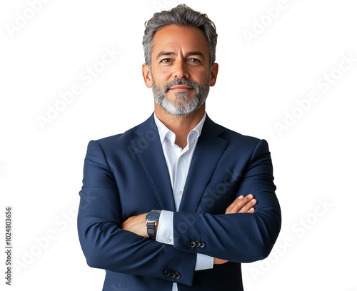 Confident businessman in a tailored suit standing with arms crossed against a...