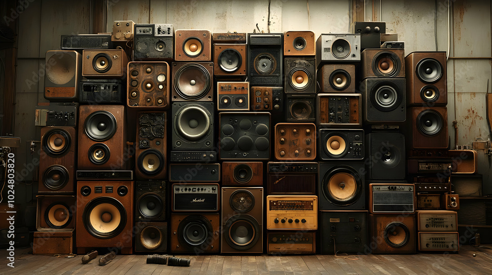 Obraz premium A vintage collection of various speakers arranged on a wall.