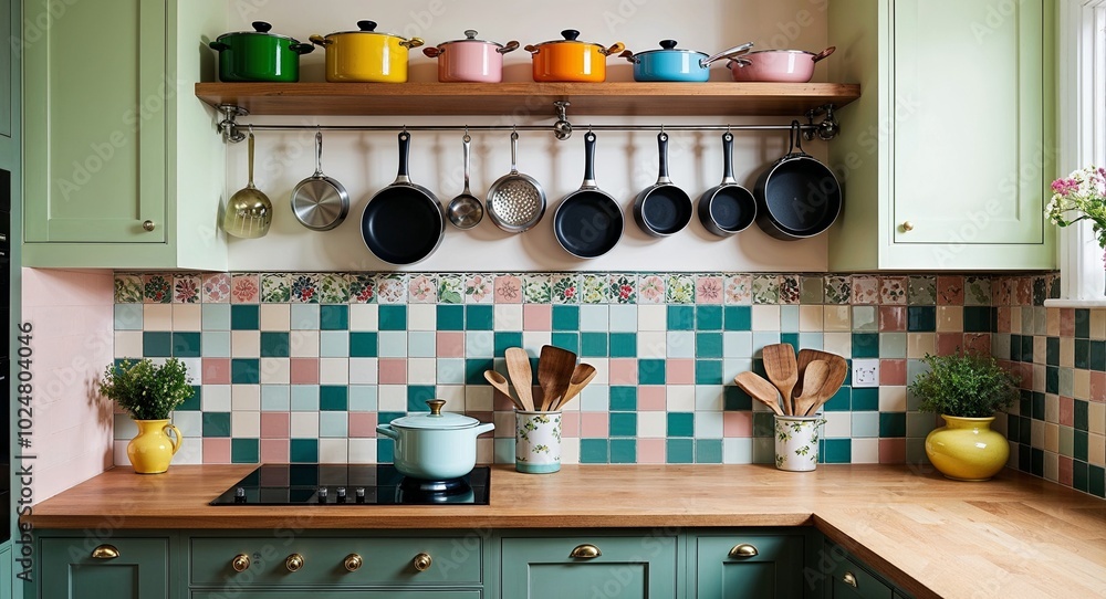 Charming kitchen with a tiled backsplash pastel colors and hanging pots and pans Charming kitchen with a tiled backsplash pastel colors and hanging pots and pans